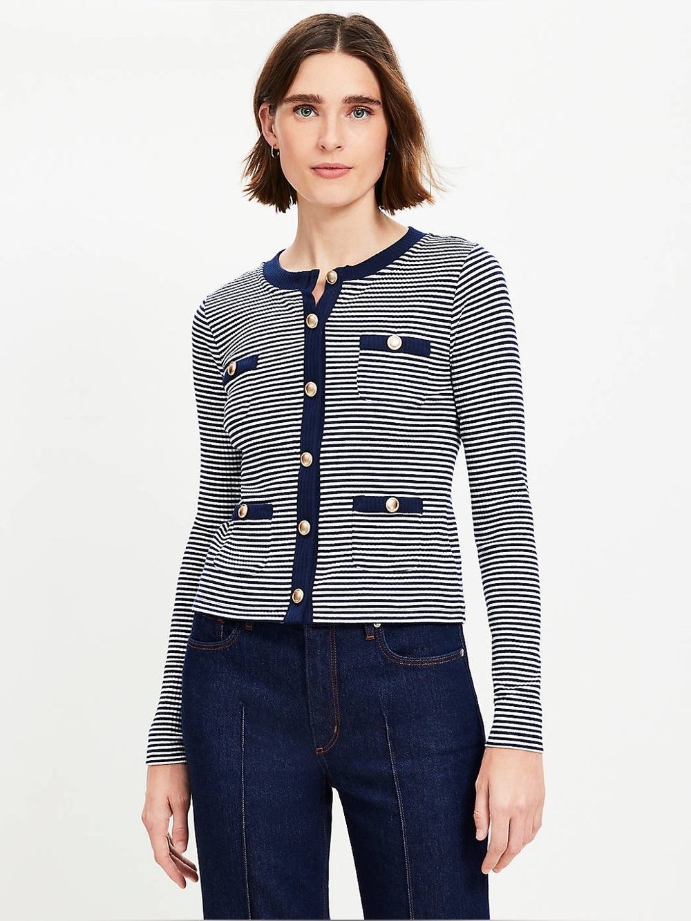 Loft Women’s Striped Pocket Cardigan Sweater Knit Top Preppy in Sailor Navy L